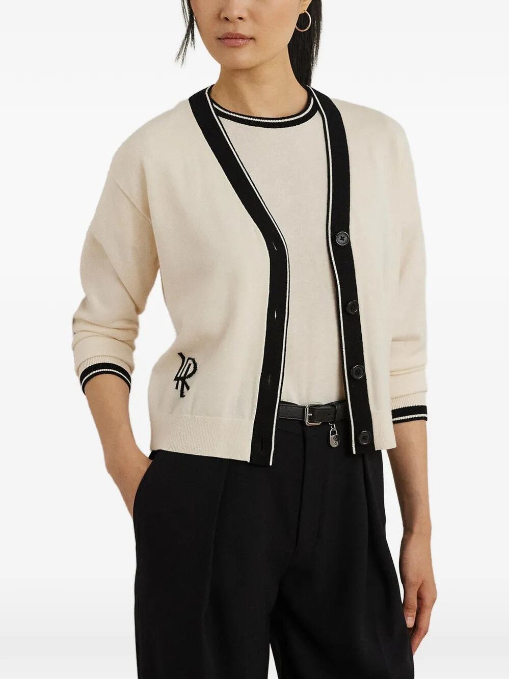 Lauren Ralph Lauren Women M Cream Black Cadina Cardigan Sweater Old Money E1-5